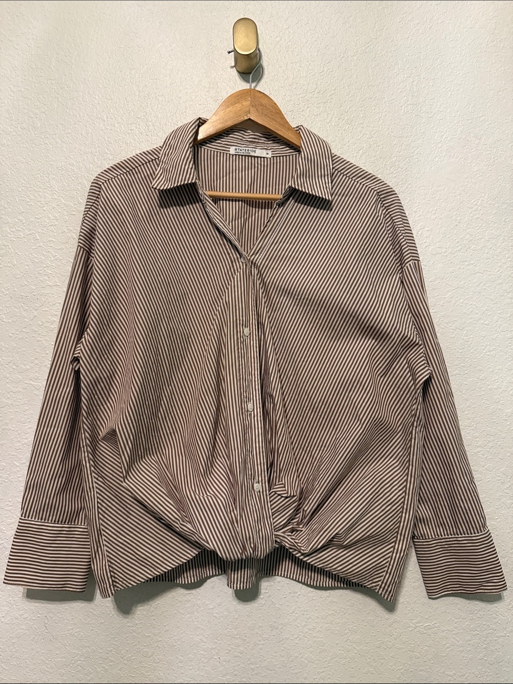 Anthropologie Stateside Poplin Long Sleeve Front Twist Button Up Shirt striped